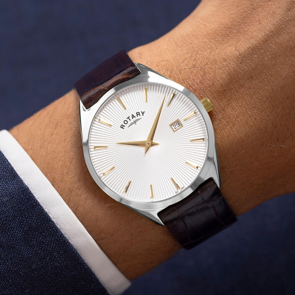 Rotary Ultra Slim 38mm Silver Dial Brown Leather Strap Watch