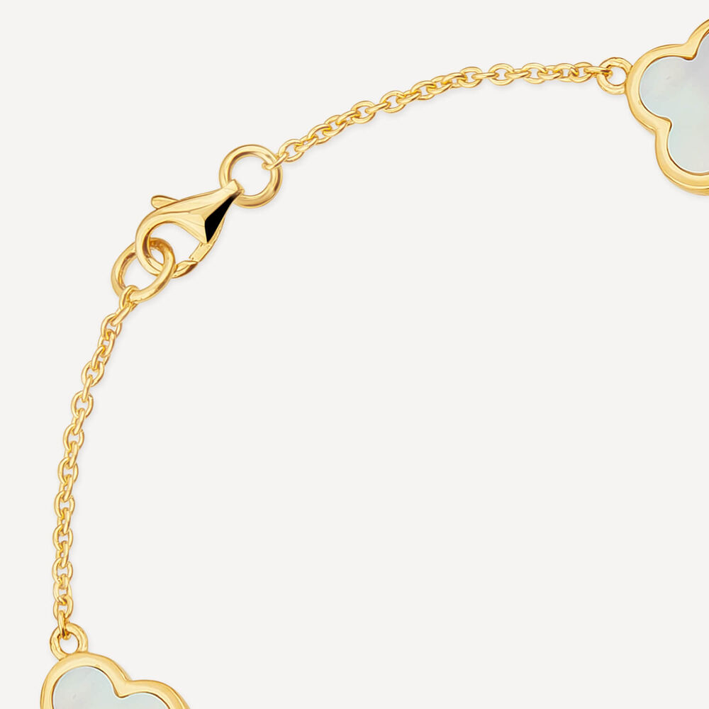 Yellow Gold Plated Sterling Silver Mother of Pearl 4 Clover Petal Bracelet image number 3