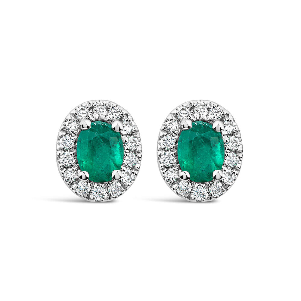 9ct White Gold Emerald Diamond Halo Stud Earrings