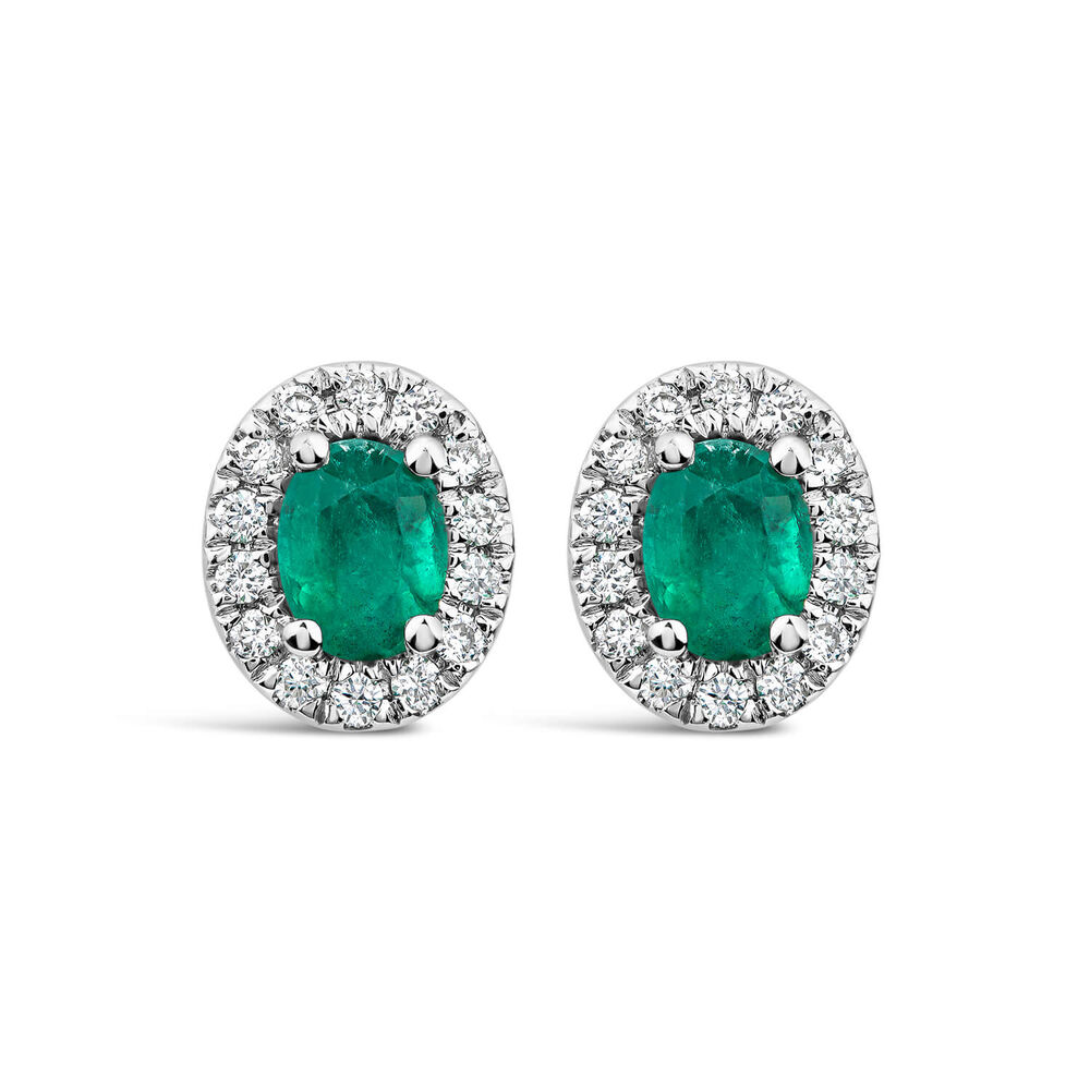 9ct White Gold Emerald Diamond Halo Stud Earrings