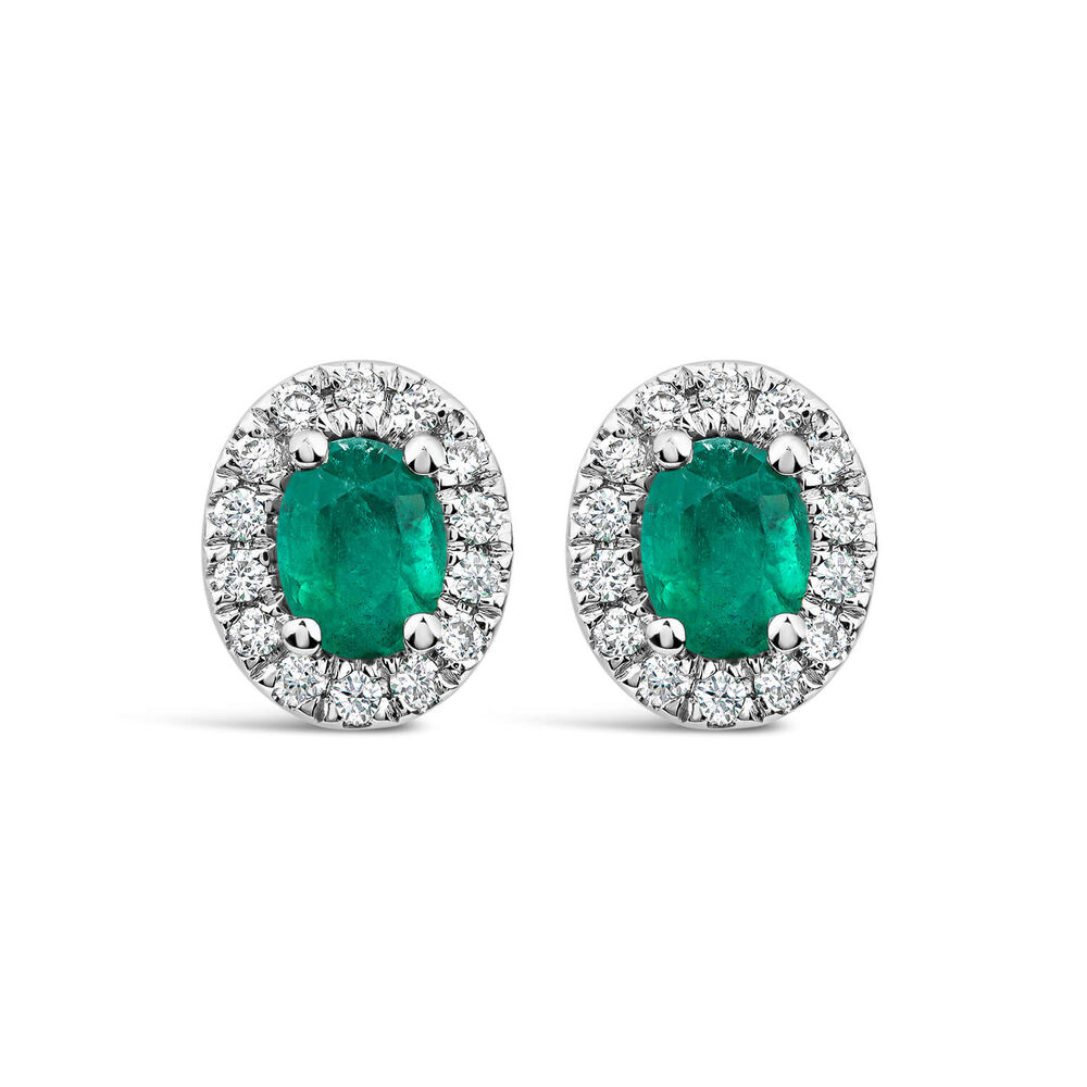 9ct White Gold Emerald Diamond Halo Stud Earrings image number 0