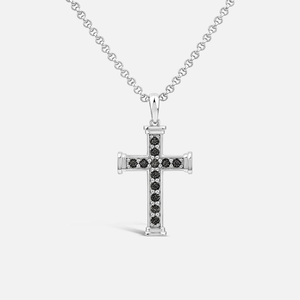 Sterling Silver Black Cubic Zirconia Cross Belcher Chain Pendant