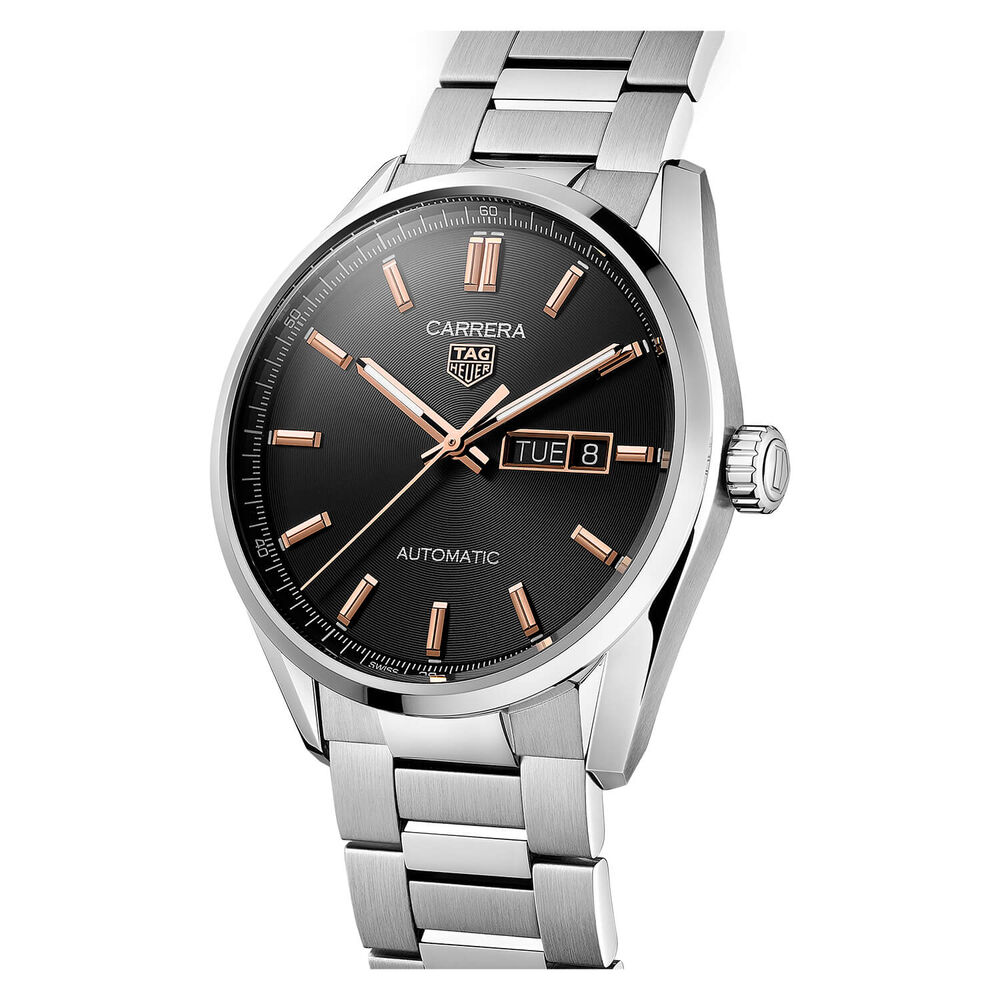 TAG Heuer Carrera Day-Date 41mm Black Dial Rose Gold Index Stainless Steel Bracelet Watch image number 1