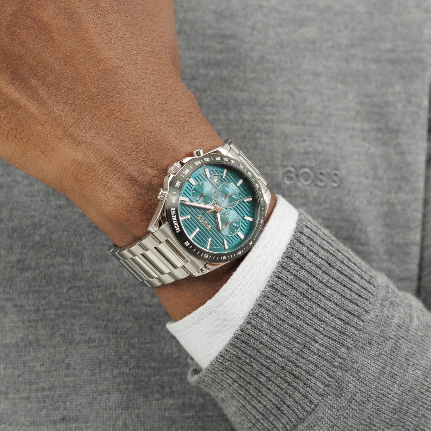BOSS Strike 41mm Teal Chronograph Dial Steel Bracelet Watch