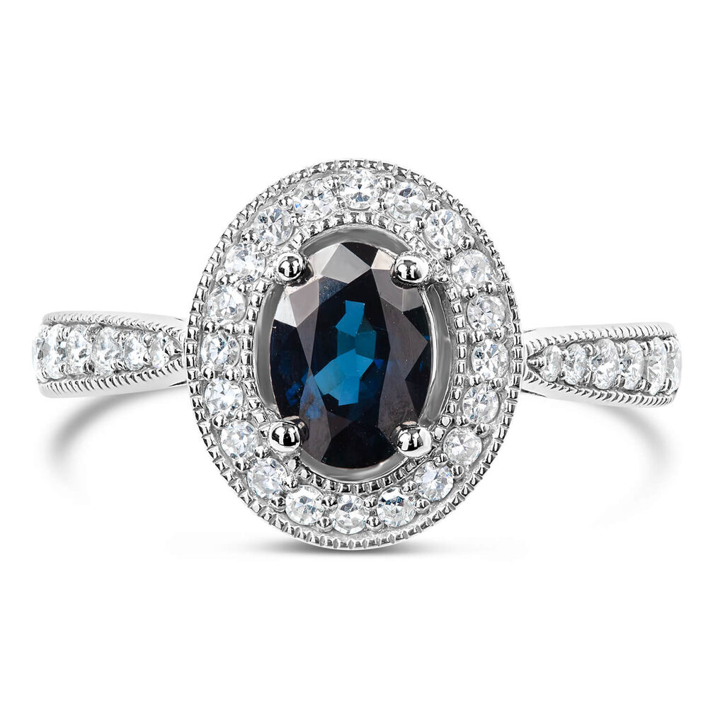 9ct White Gold Diamond Halo and Oval Sapphire Ring