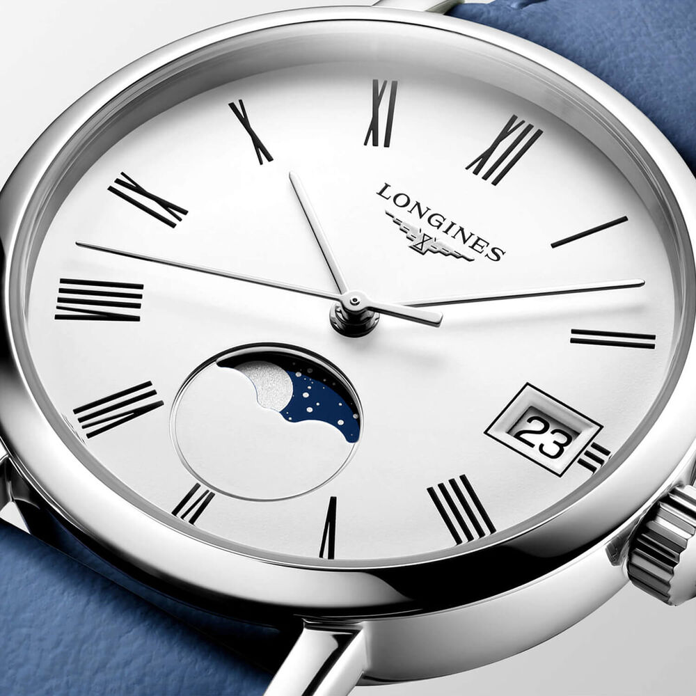 Longines Elegant 30mm White Dial Moonphase Blue Leather Strap Watch image number 2