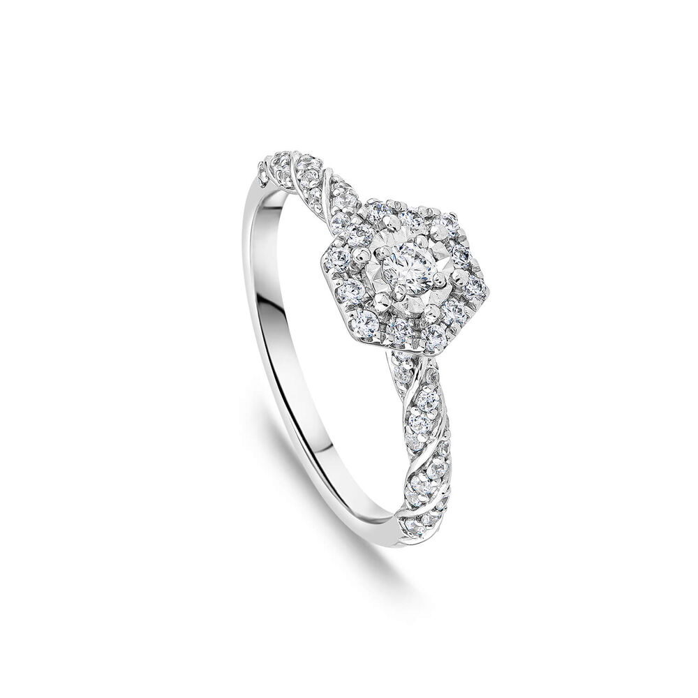 18ct White Gold 0.56ct Hexagon Cluster & Twist Diamond Shoulders Bridal Set image number 2