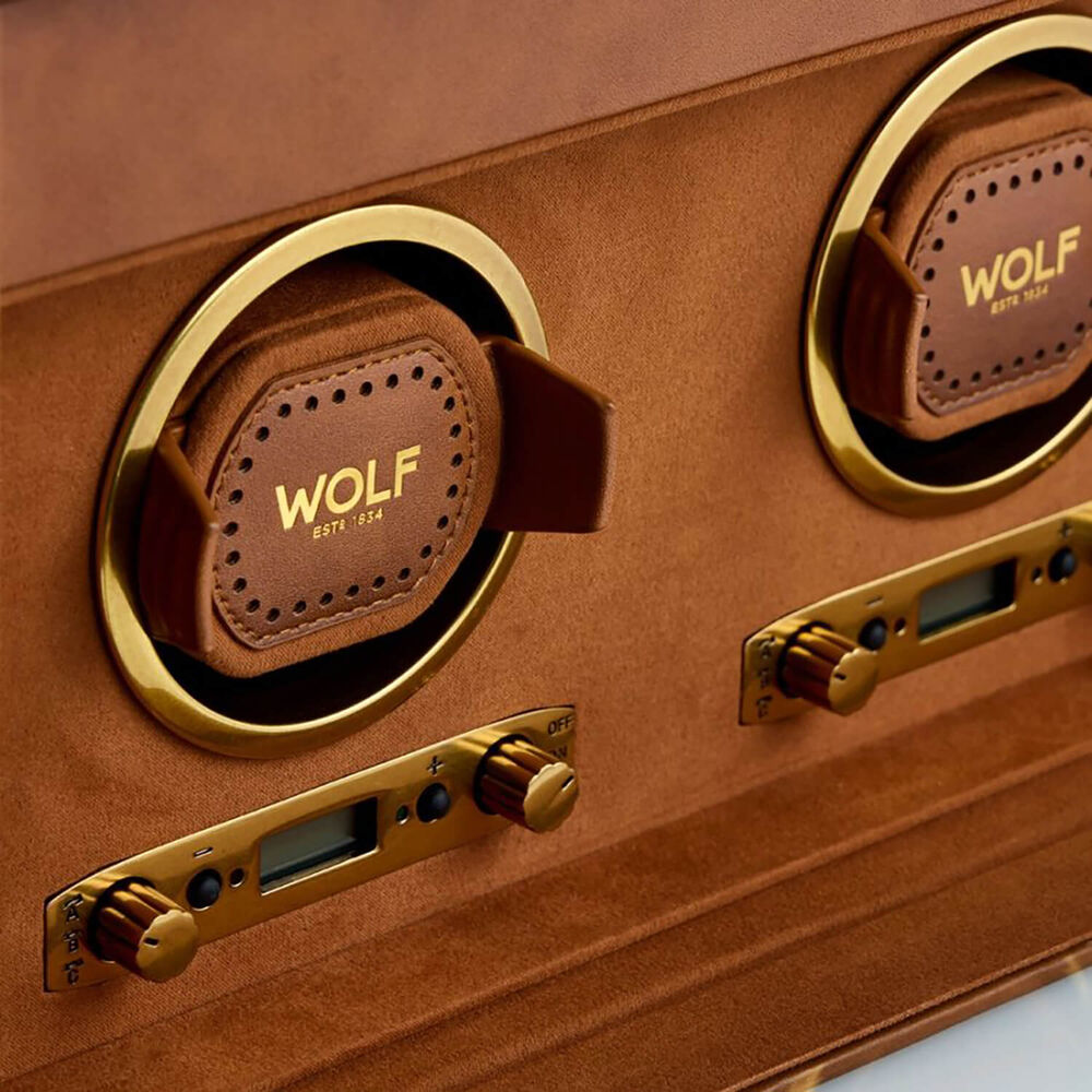 WOLF Brogue Burnished Brown Double Watch Winder With Storage