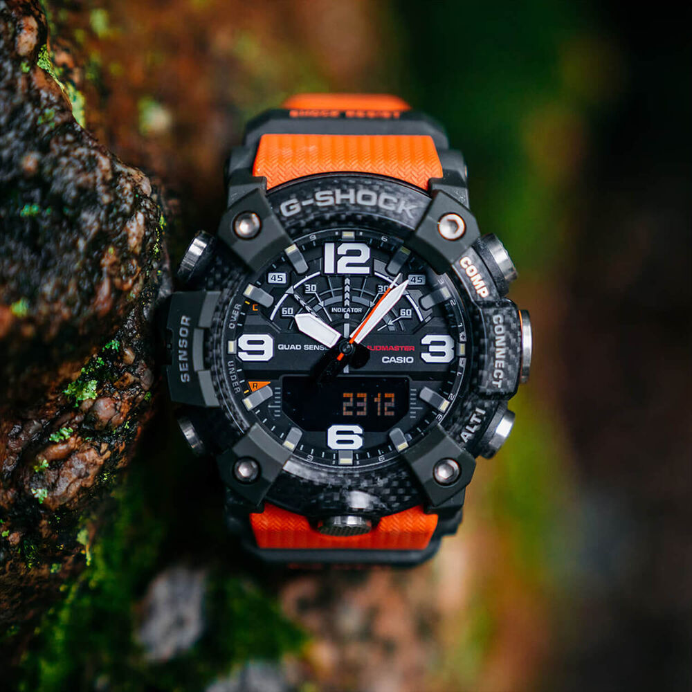 G-SHOCK Master of G Mudmaster 55.4mm Carbon Fibre Bezel & Orange Resin Strap Watch