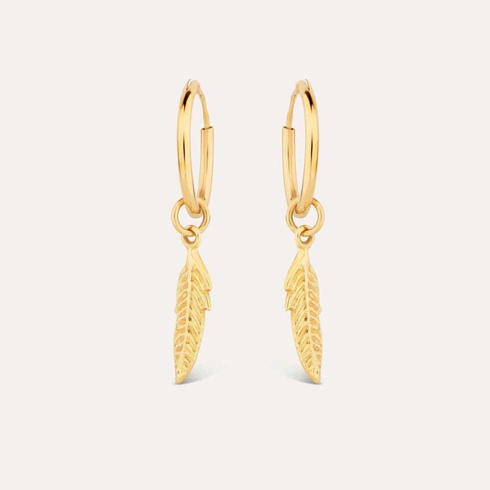9ct Yellow Gold Feather Motif Small Hoop Earrings