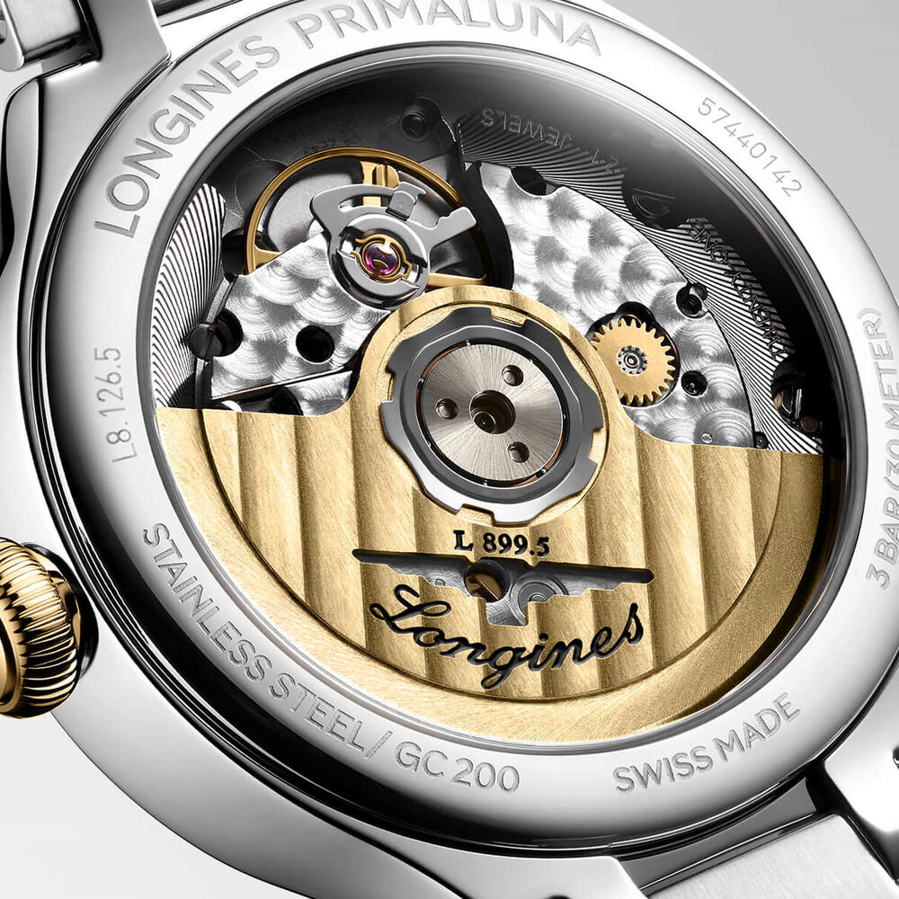 Longines Elegance Primaluna 34mm Moonphase Silver Dial Yellow Gold Bezel Steel Bracelet Watch image number 5