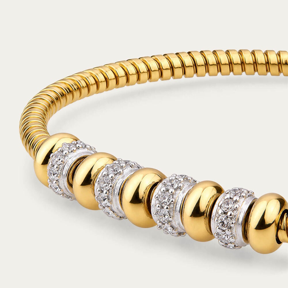 Yellow Gold Plated Sterling Silver Bead Cubic Zirconia Centre Ribbed Bracelet