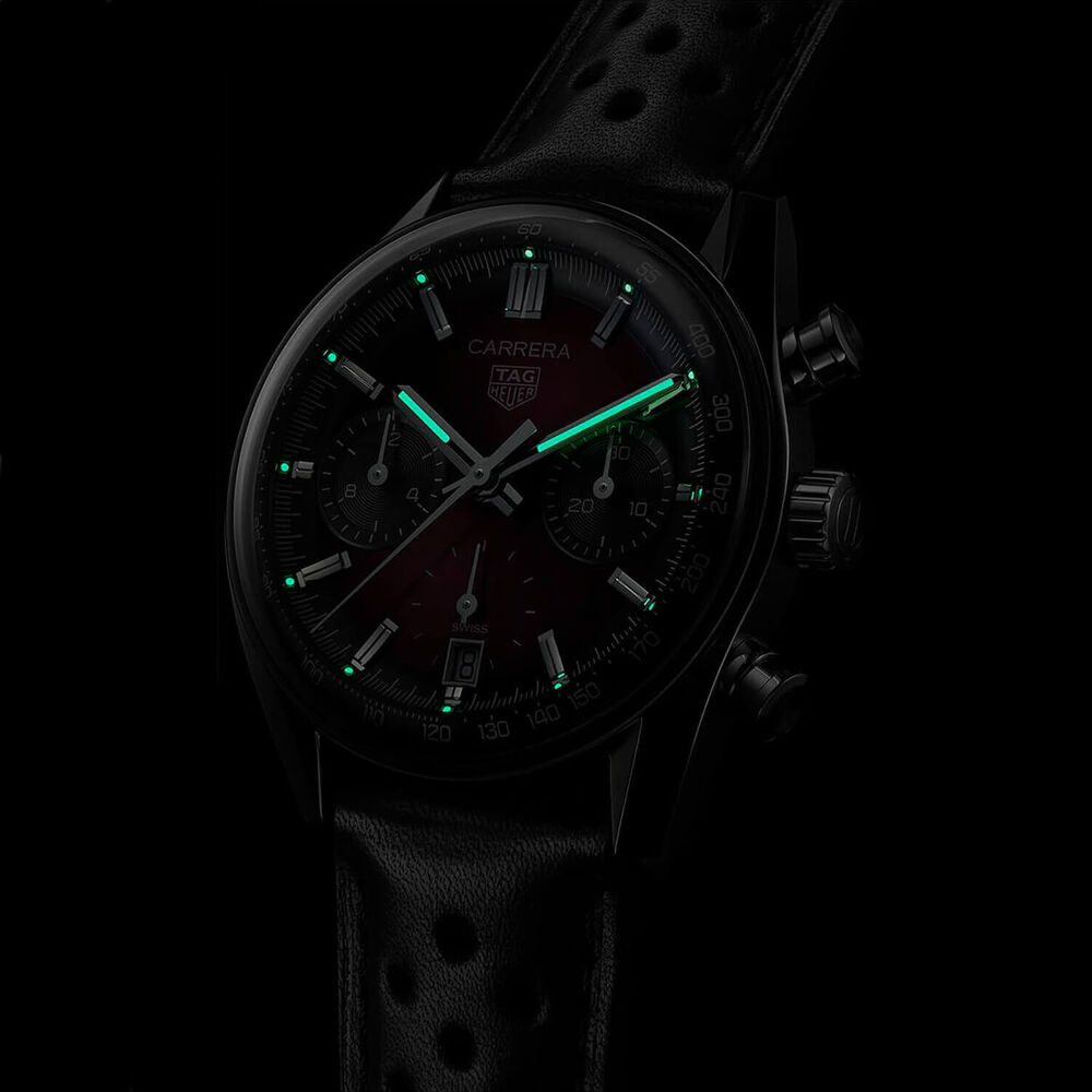 TAG Heuer Carrera Chronograph 39mm Purple Dial Black Leather Strap Watch image number 6