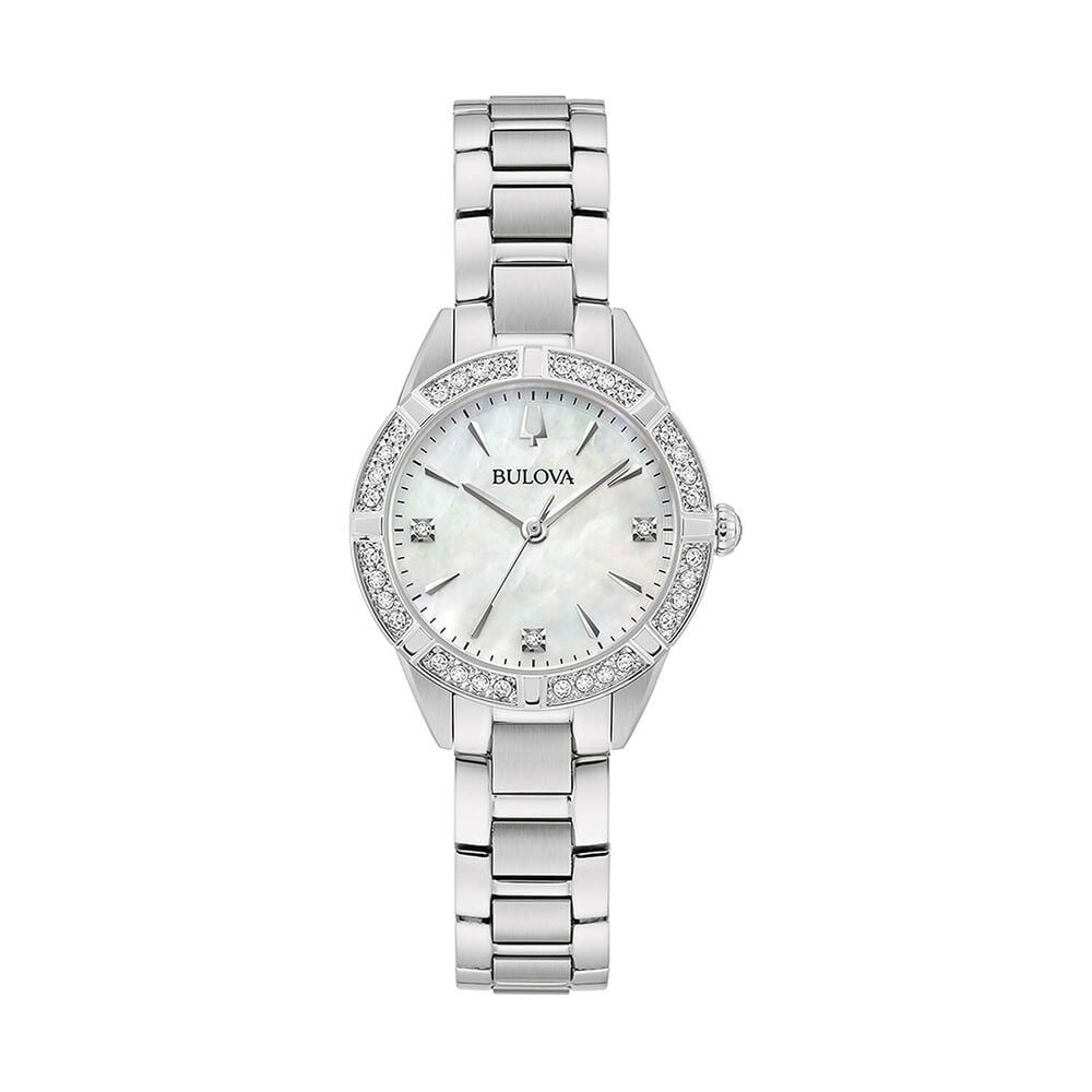 Bulova Sutton 28mm Mother of Pearl Dial Diamond Dots Steel Bracelet Watch image number 0