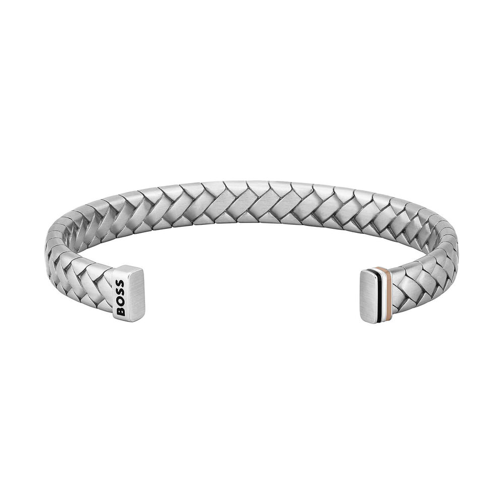 BOSS Tailored Silver Tone Herringbone Pattern Steel Bangle image number 1
