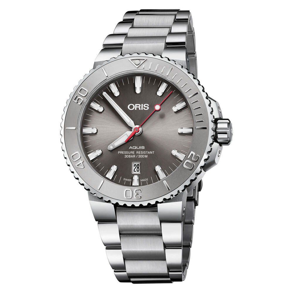 Oris Aquis Date Relief 43.5mm Silver Dial Red Detail Steel Case Bracelet Watch
