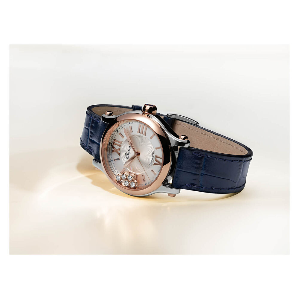 Chopard Happy Sport 33mm Five Floating Diamonds Silver Dial Blue Strap Watch image number 5