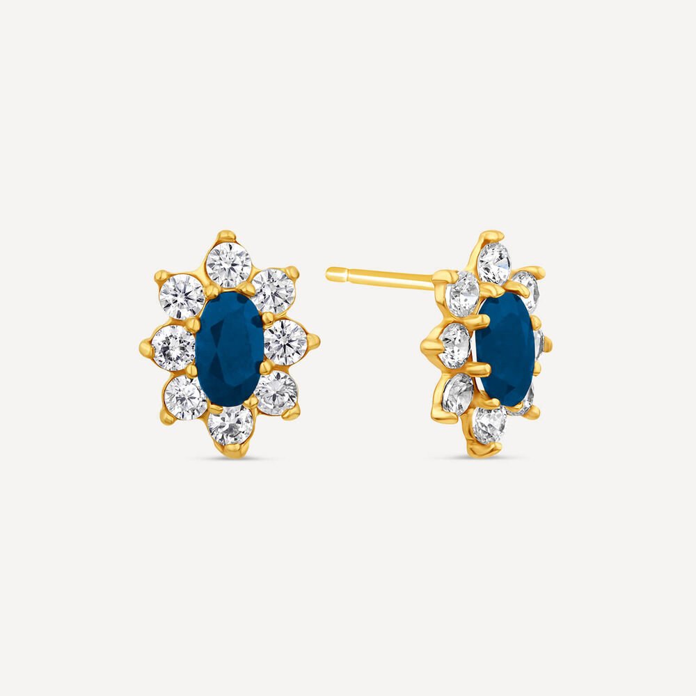 9ct Yellow Gold Sapphire & Cubic Zirconia Claw Set Stud Earrings image number 1