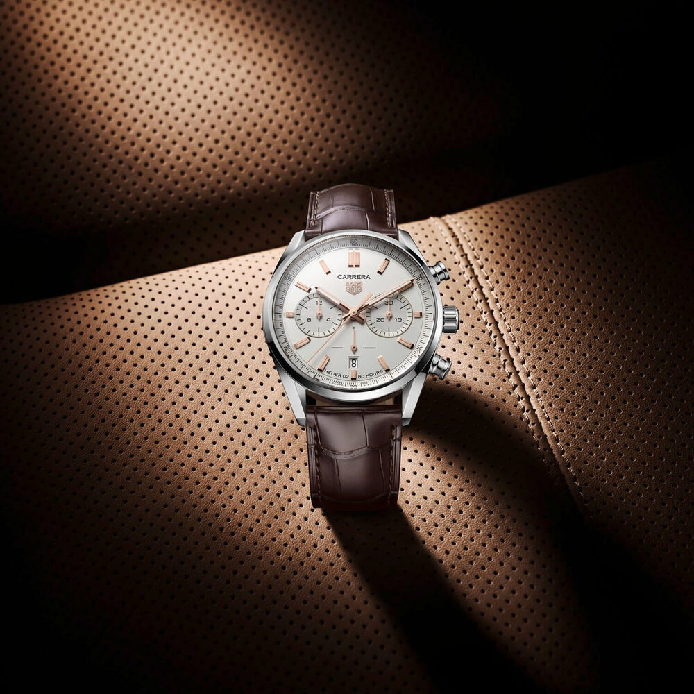 TAG Heuer Carrera 42mm Silver Rose Gold Steel Case Brown Strap Watch