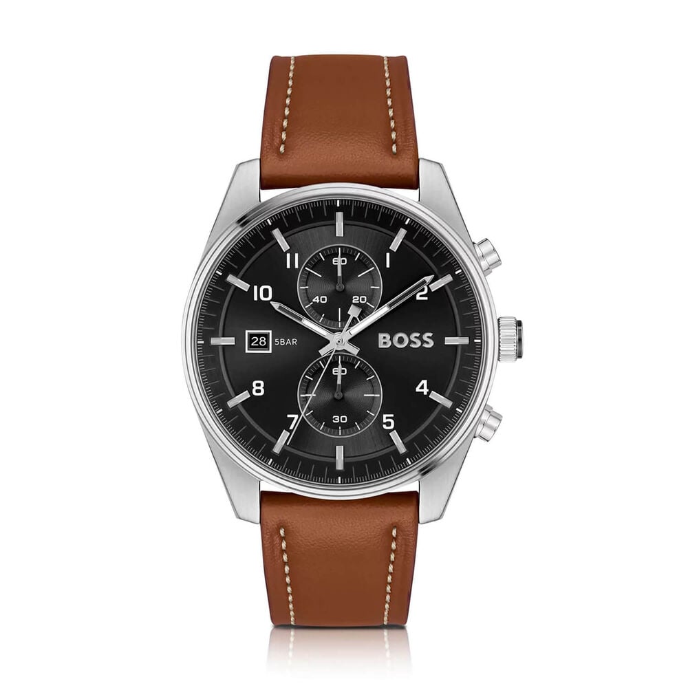BOSS Skytraveller Chronograph 44mm Black Dial Brown Leather Strap Watch
