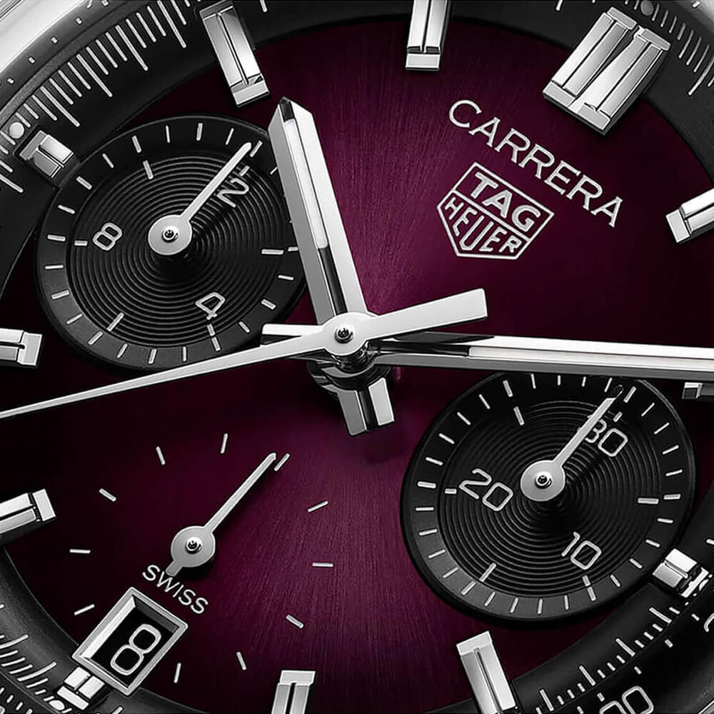 TAG Heuer Carrera Chronograph 39mm Purple Dial Black Leather Strap Watch image number 3