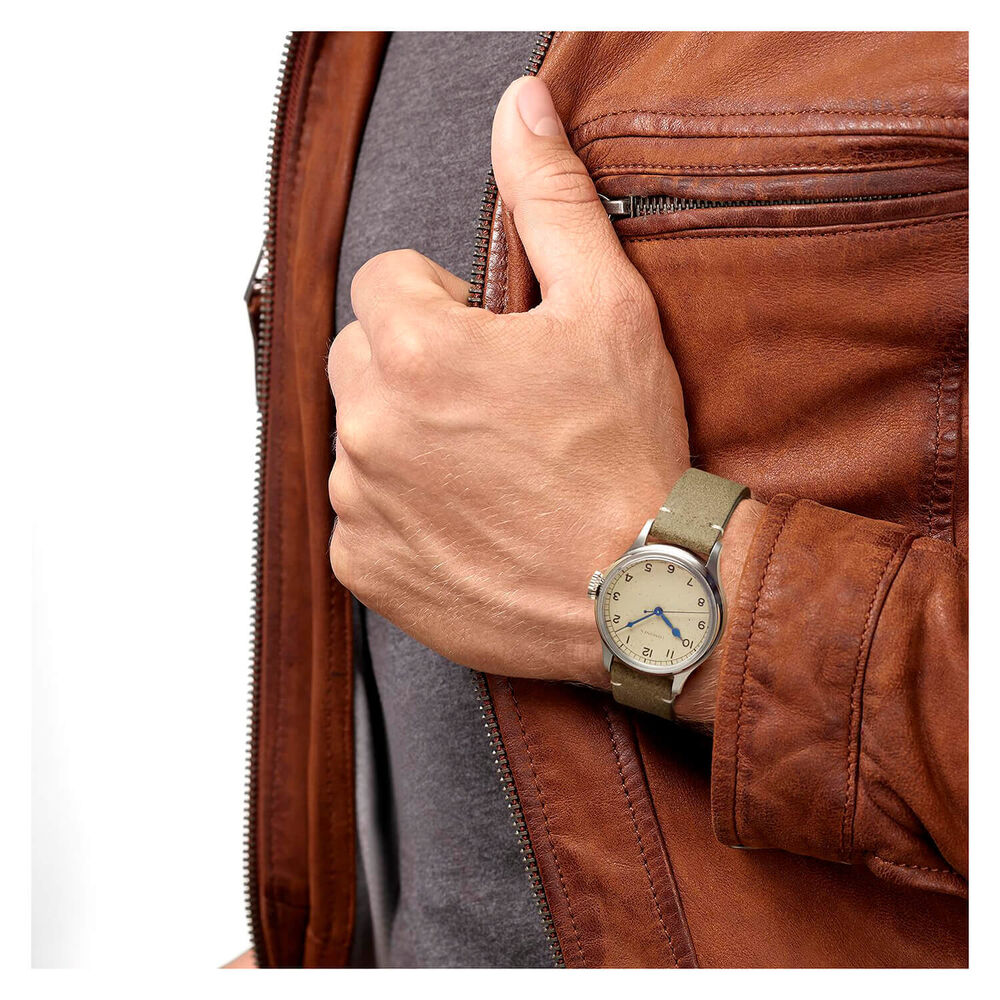 Longines Heritage Military 38.5mm Silver Dial Stainless Steel Case Green Leather Strap Watch image number 2