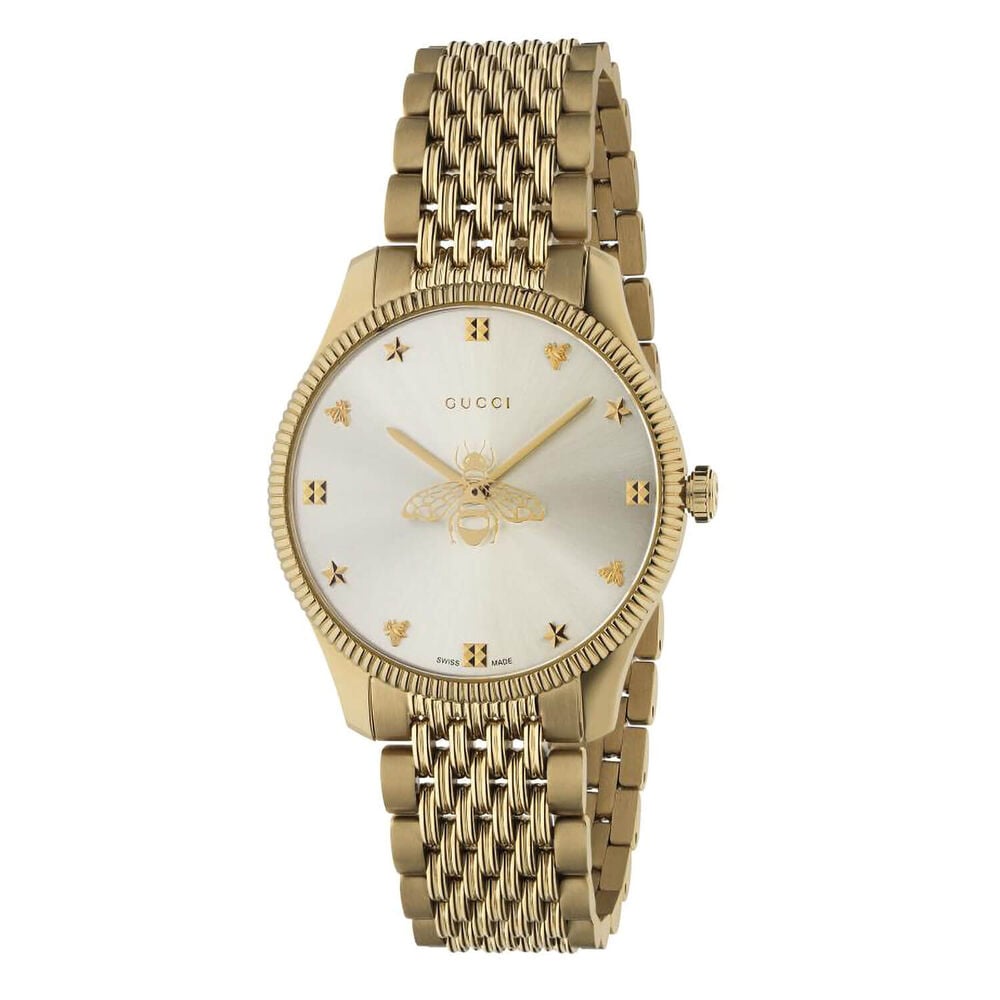 Gucci G-Timeless 36mm Silver Dial Bee Detail Yellow Gold PVD Case Bracelet Watch image number 0