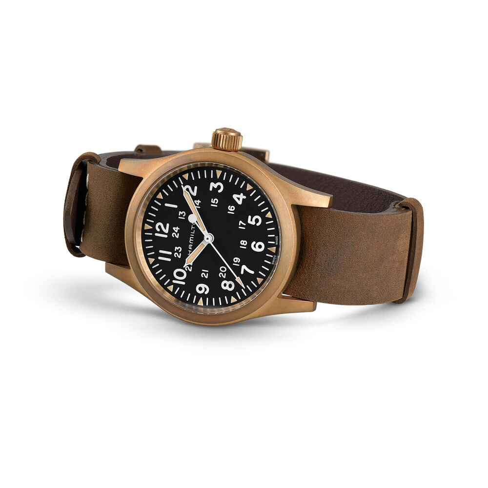 Hamilton Khaki Field 42mm Black Dial Bronze Case Leather Strap Watch image number 2