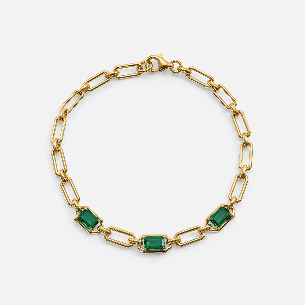 Yellow Gold Plated Vermeil Sterling Silver Created Emerald Rectangular Link Bracelet