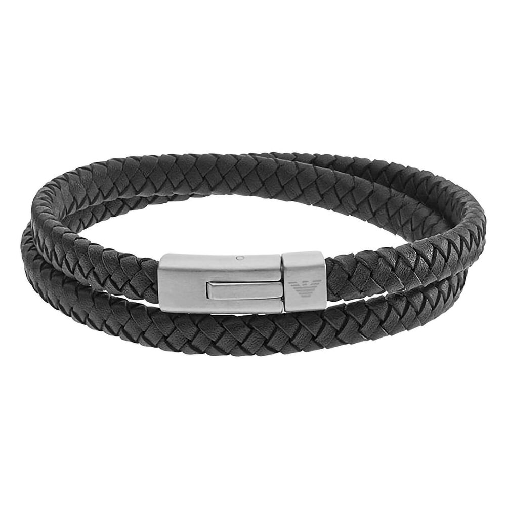 Men's Emporio Armani Signature leather and stainless steel wrap bracelet image number 0