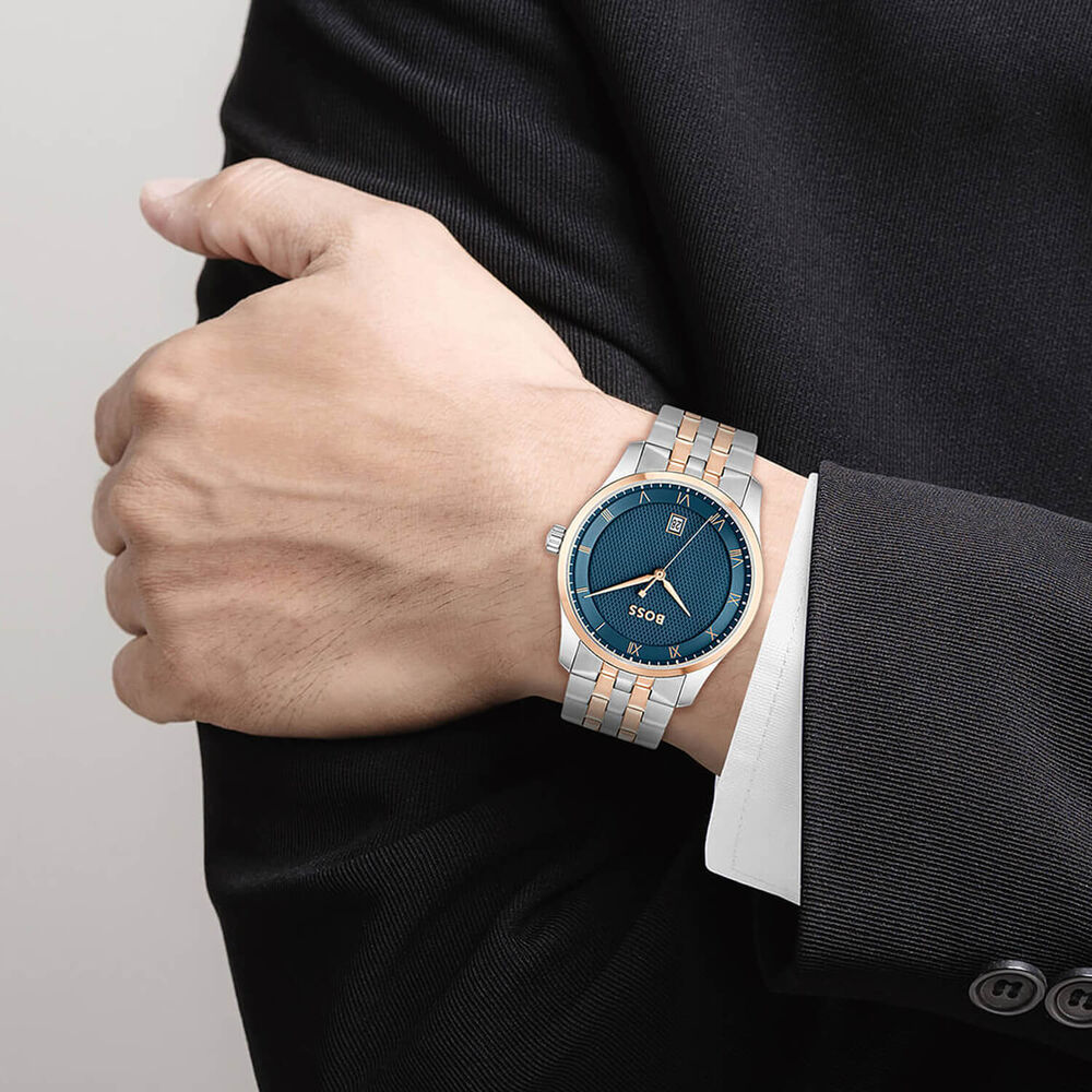 BOSS Principle 41mm Blue Dial Two Tone Steel Bracelet Watch image number 2