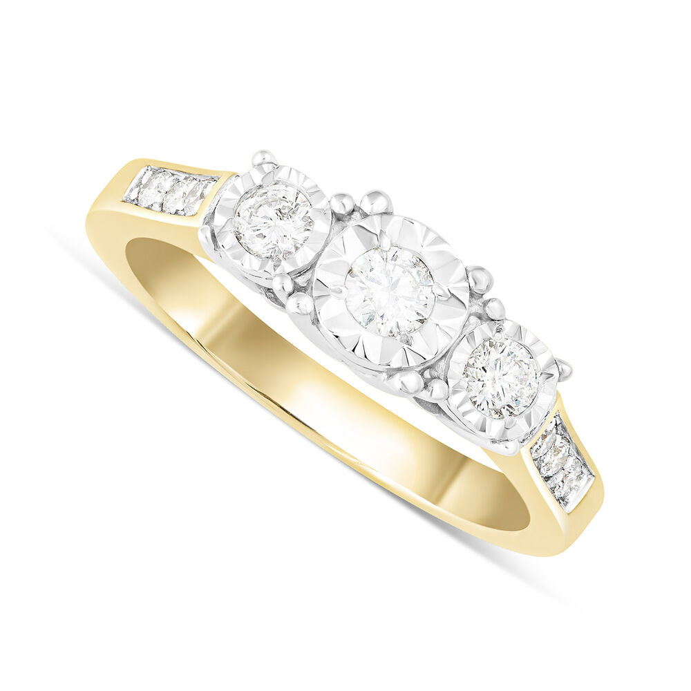 Ladies 9ct Gold Illusion 3 stone With Diamond Set Band .33ct