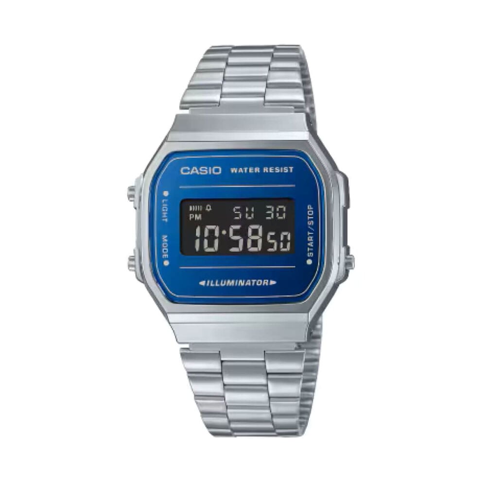 Casio Vintage 38.6x36.3mm Blue Digital Display Stainless Steel Bracelet Watch