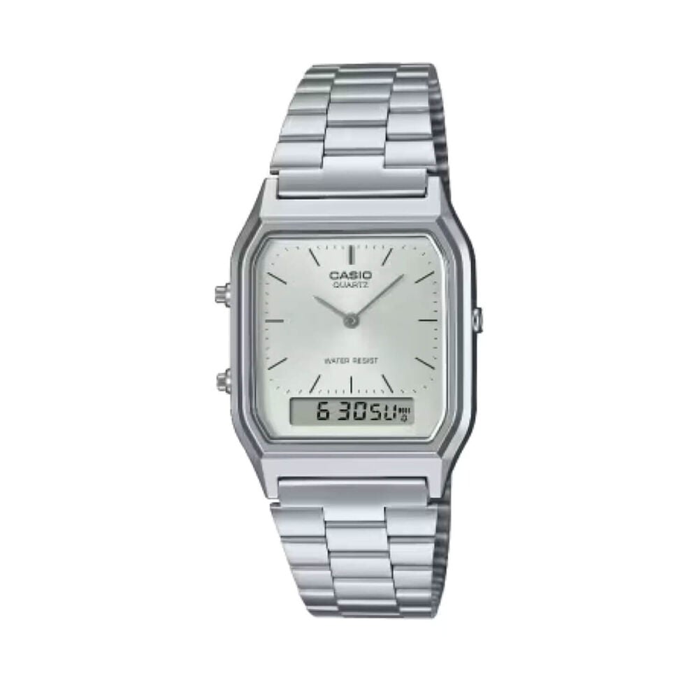 Casio Vintage 38.8x29.8mm Silver Dial Dual Display Stainless Steel Bracelet Watch
