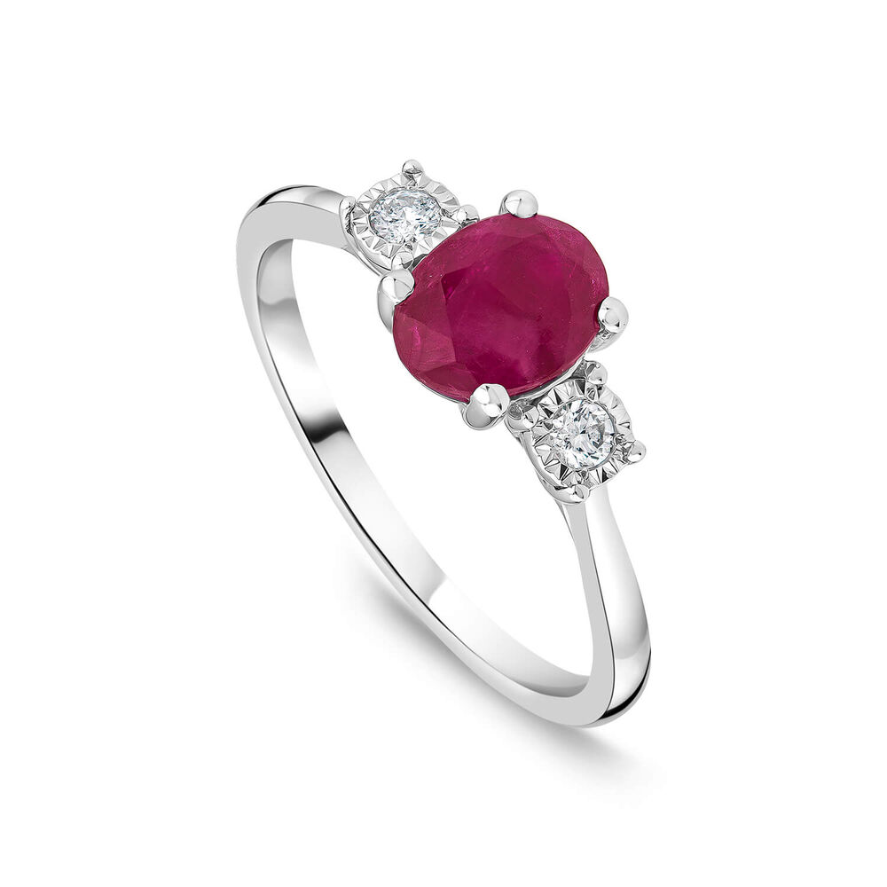 9ct White Gold Oval Ruby & 0.05ct Diamond Sides Ring