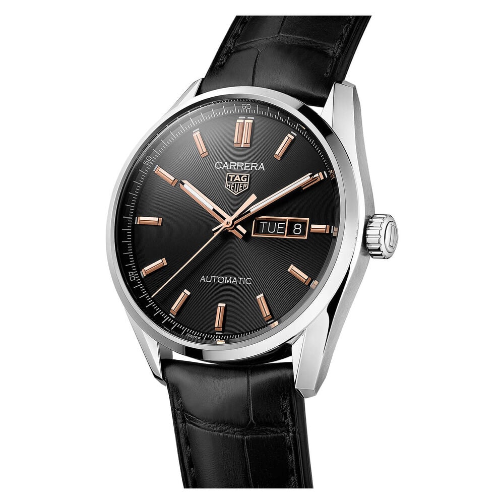 TAG Heuer Carrera Day-Date 41mm Automatic Black Dial Rose Gold Index Black Alligator Strap Watch image number 3