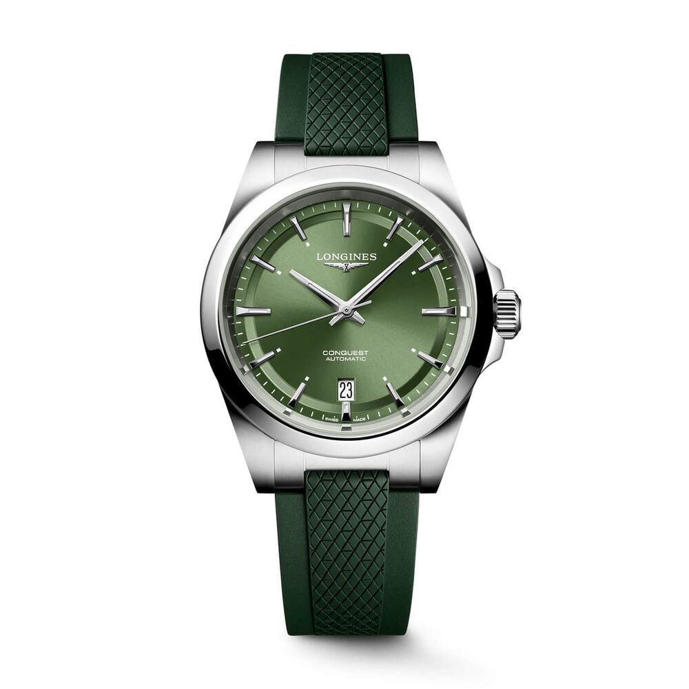 Longines Conquest 38mm Green Dial Green Rubber Strap Watch