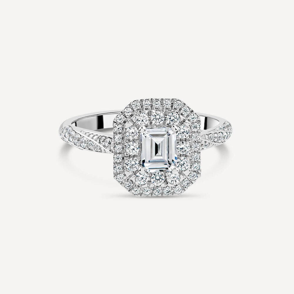 18ct White Gold 1.00ct Diamond Emerald Cut Centre Double Halo & Shoulders Ring image number 2