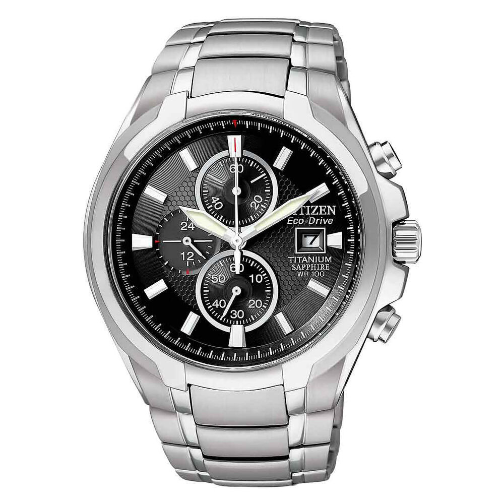 Citizen Eco-Drive mens black dial titanium bracelet chronograph watch image number 0