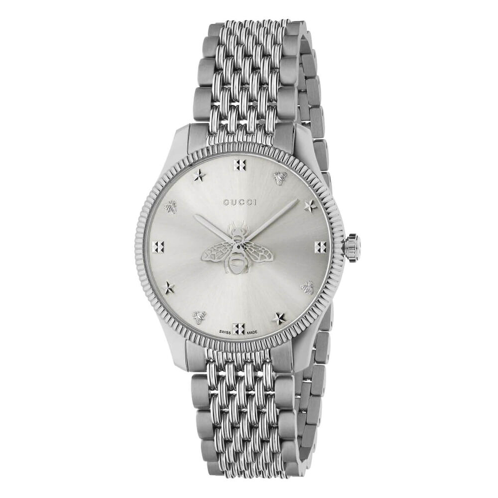 Gucci G-Timeless 36mm Silver Dial Bee Motif Steel Case Bracelet Watch