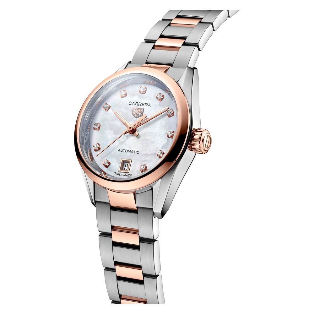 Pre-Owned TAG Heuer Carrera Date 29mm White Dial Diamond Dots Steel & Rose Gold Bracelet Watch image number 1