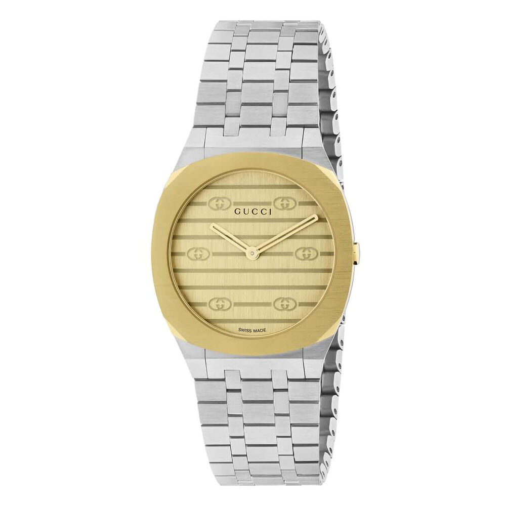 GUCCI 25H 30mm Golden Dial Steel Case Bracelet Watch