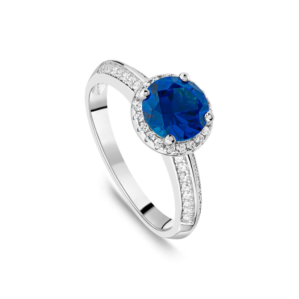 Sterling Silver Blue Centre Stone & Cubic Zirconia Shoulders Ring image number 0
