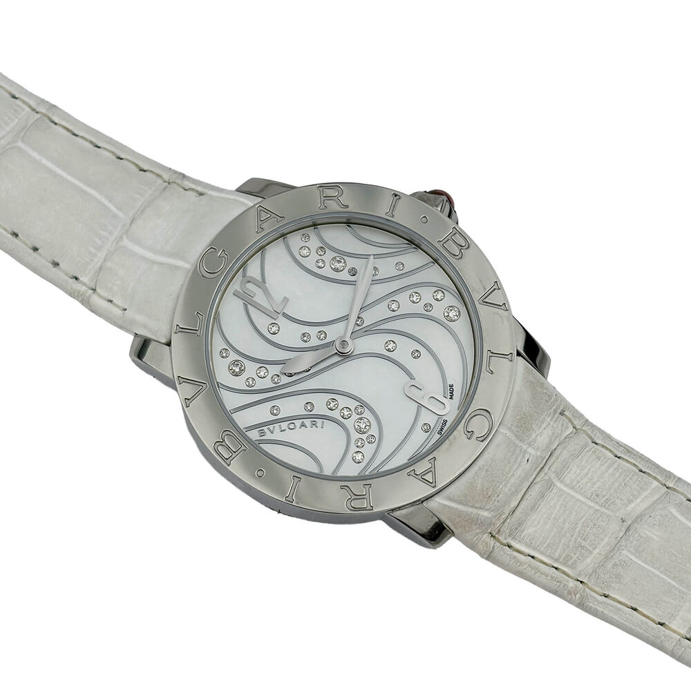 Pre-Owned Bvlgari 37mm Mother of Pearl Dial Diamonds White Leather Strap Watch