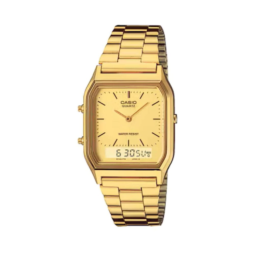 Casio Vintage 38.8x29.8mm Gold Dial Dual Display Gold Tone Stainless Steel Bracelet Watch