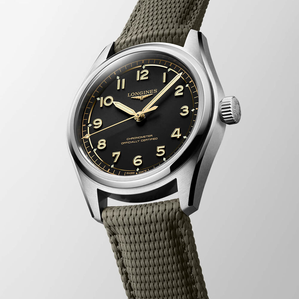 Longines Spirit Pilot 39mm Black Dial Green Textile-Style Rubber Strap Watch image number 2