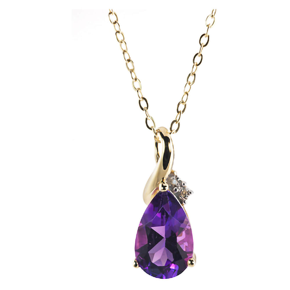 9ct gold amethyst and diamond teardrop pendant image number 0