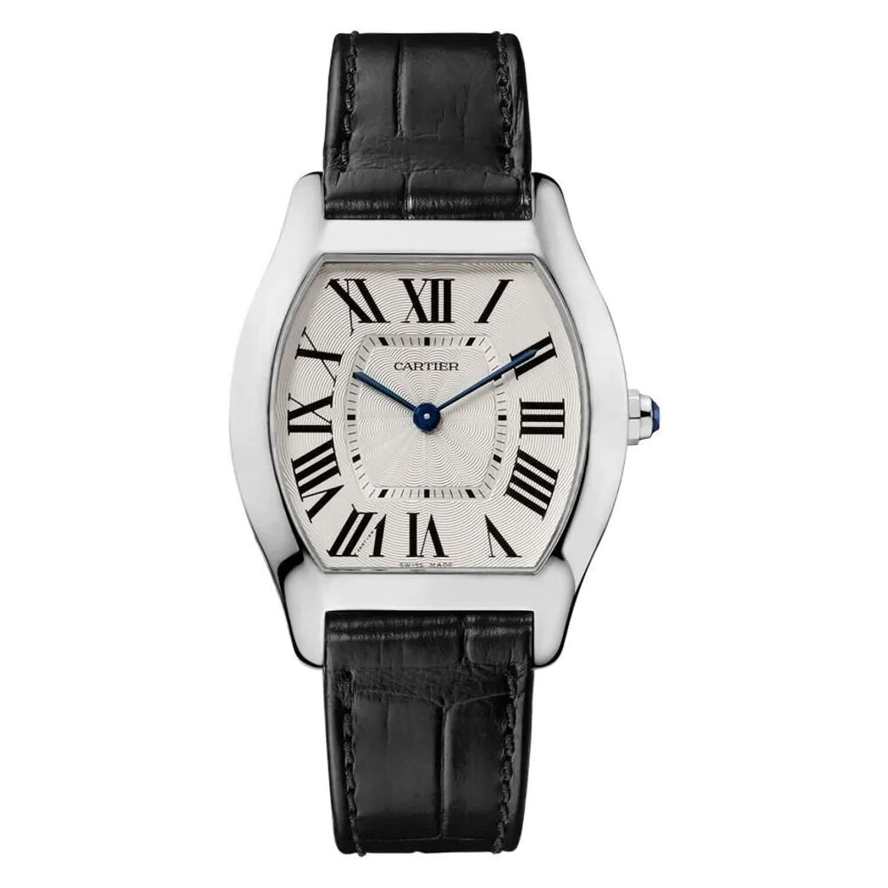 Pre-Owned Cartier Tortue 31mm Silver Dial Black Leather Strap Watch