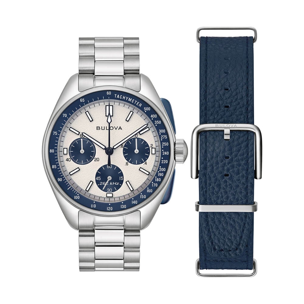 Bulova Lunar Pilot 43.5mm Blue & Silver Dial Steel Bracelet & Blue Leather Strap Set Watch image number 3