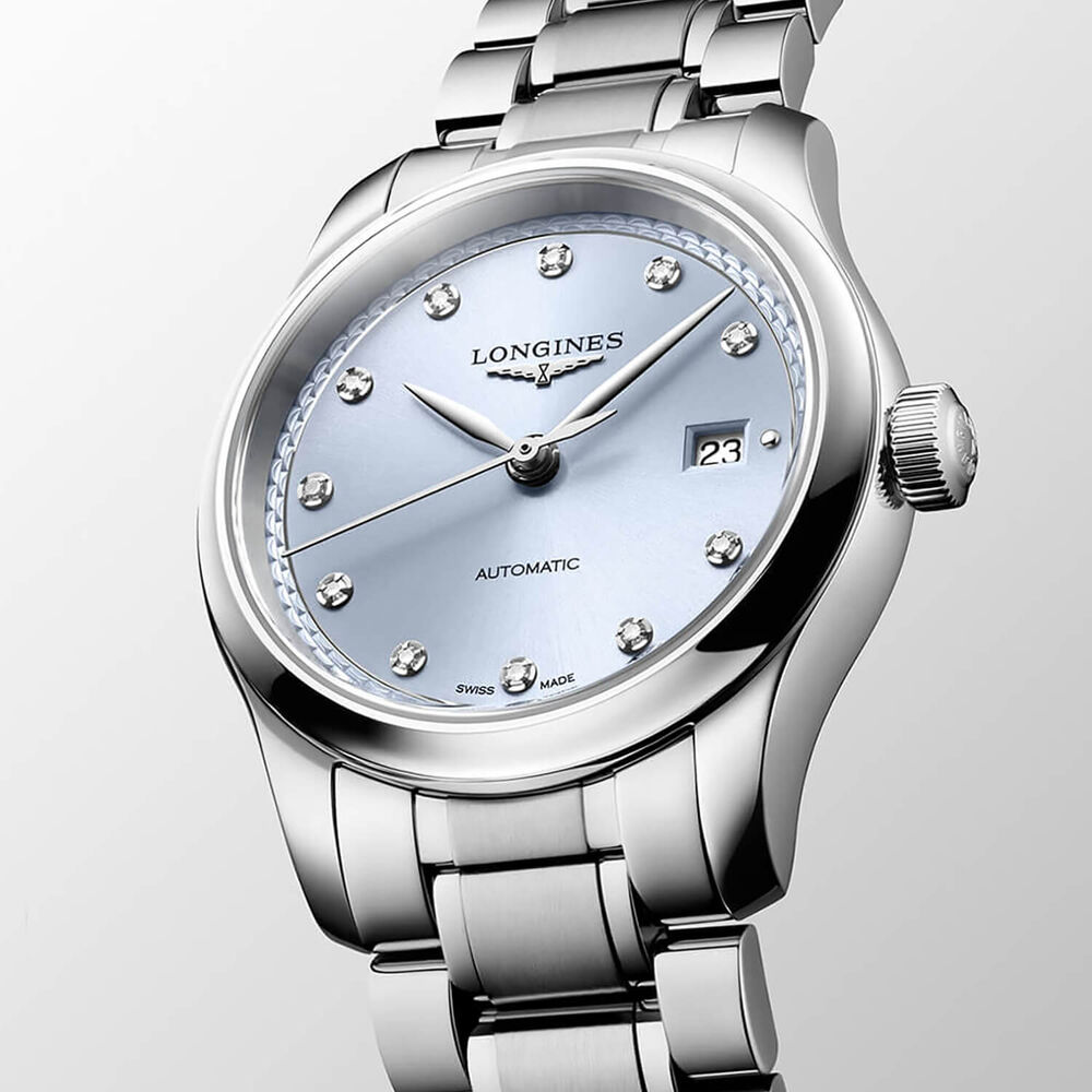 Longines Master Collection 30mm Frosted Blue Sunray Dial Diamond Dots Steel Bracelet Watch